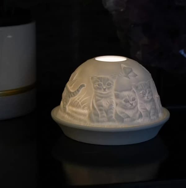 Porslinsljusstake Dome, kattungedesign, för kattälskare, presentförpackning Alla hjärtans dag-present