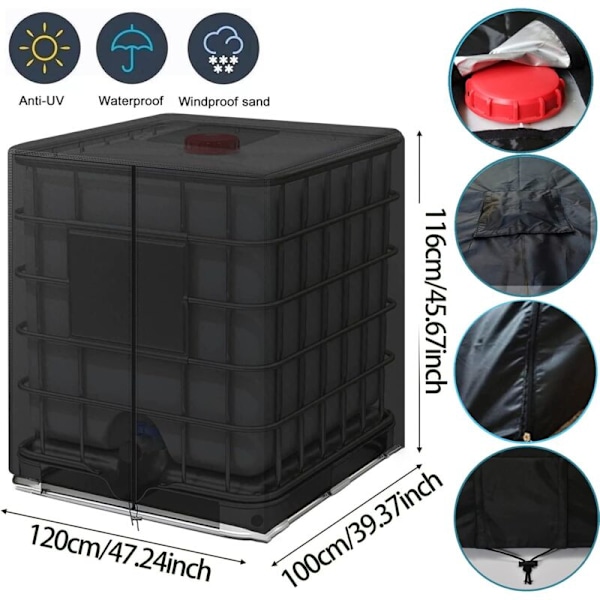 1000L IBC Tank Cover, 420D Vandtankdæksel, Anti-UV Tank Beskyttelsesdæksel, IBC Tankdæksel med Lynlås, 120 x 100 x 116 cm (Sort)