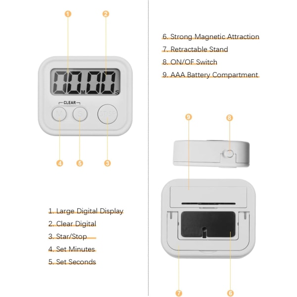 Digital kjøkkenur for matlaging, magnetiske timere med høy alarm og nedtellingstimer for matlaging, matlaging, studier, trening, hvit