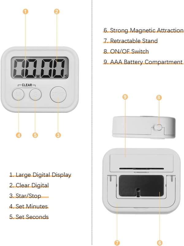Digital Kök Timer för Matlagning, Magnetiska Timers med Hög Alarm och Nedräkningstimer för Matlagning, Matlagning, Studie, Träning, Vit