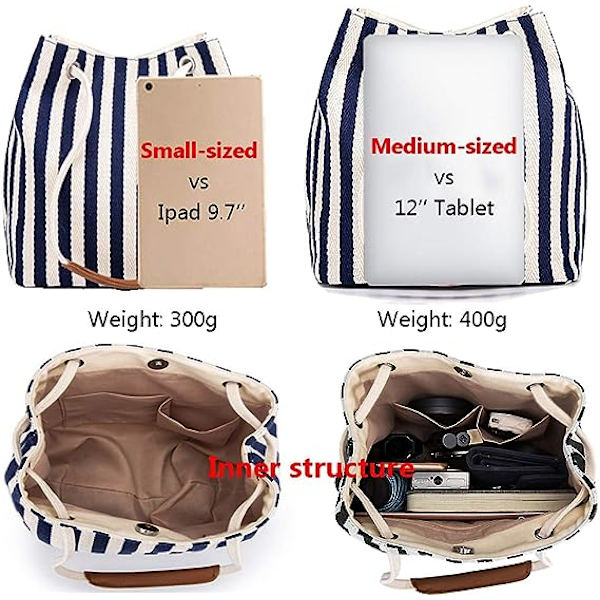 Kvinners Canvas Sommer Tote Vesker Liten Medium Strandveske Skulder Bag Daglig Arbeids Håndveske（Marine）