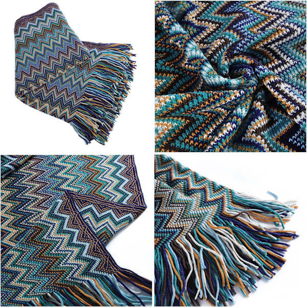 130 * 180 cm, 1 blåt stribet plys boheme strikket tæppe med dekorative frynser, bløde og varme tern, lille plaid