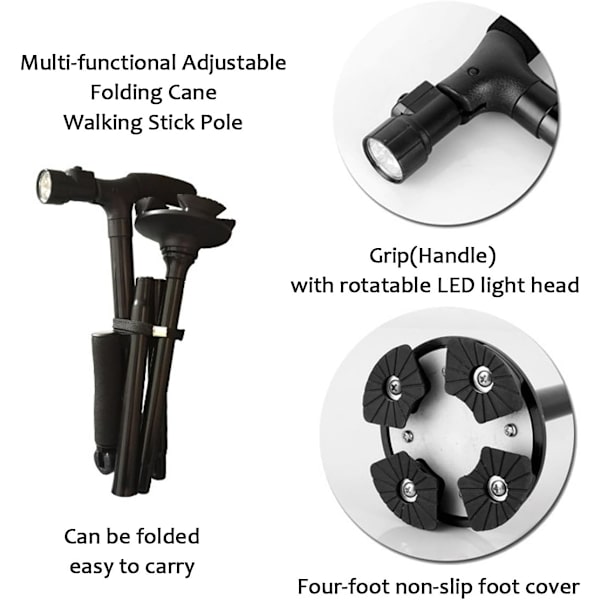 Svart - 1-delt sammenleggbar stokk, LED sammenleggbar stokk, gåstokk, ergonomisk gelhåndtak, enkel å brette - Designet for menn, kvinner, eldre.