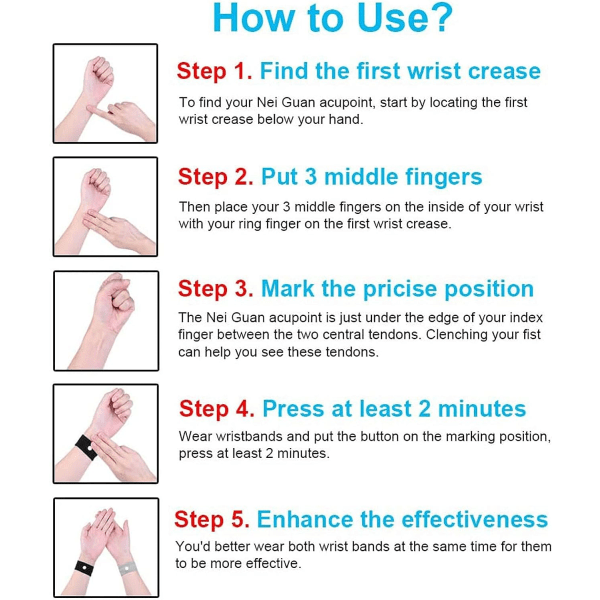 2 par Acupressur armbånd mot kvalme, armbånd mot kvalme for sjøsyke, graviditet, fluer, reisesyke uten bivirkninger