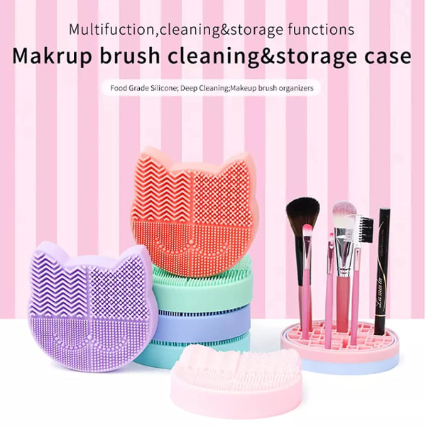 2 In 1 Makeup Brush Cleaning Mat With Brush Drying Holder, Silicon Cat Shaped Brush Cleaner Pad Orange