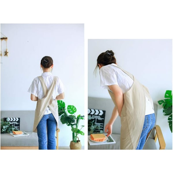 Mjuk bomullslinneförkläde Halterneck Korsbandage Förkläden Japansk stil X-form Dubbla fickor Kök Matlagning Kläder Present till kvinnor Kock Inflyttningspresent
