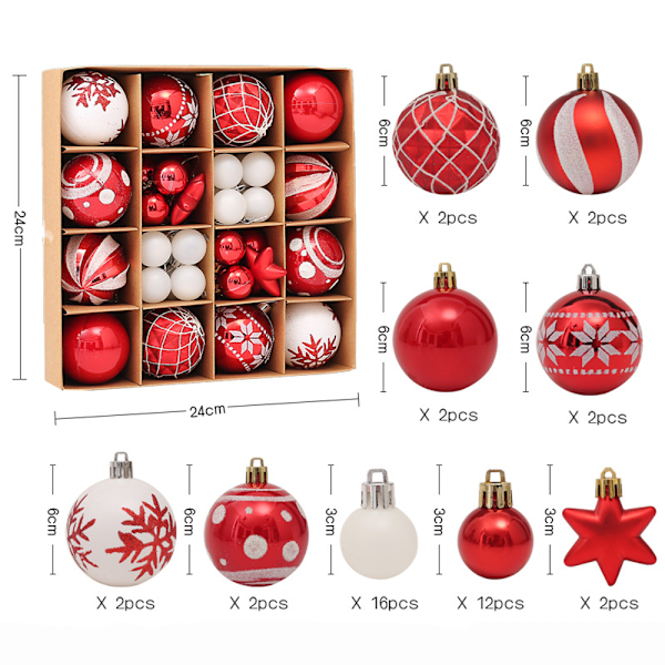 Julgranskulor Set, 42 Stycken Plastjulgranskulor Set, Julgransdekoration Röda och Vita Julgranskulor, Julgransdekoration