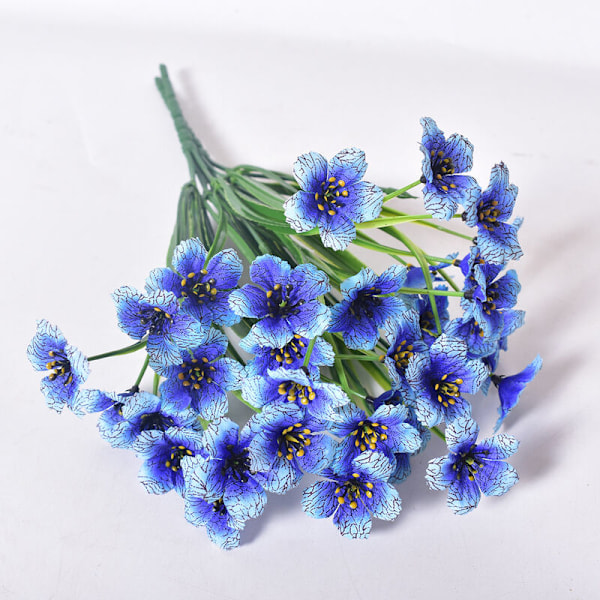 Artifici Faux, 12 st konstgjorda blommor i gula gröna buskar, plastväxter för inomhus- och utomhusbruk, planterade i hemdekor (blå)