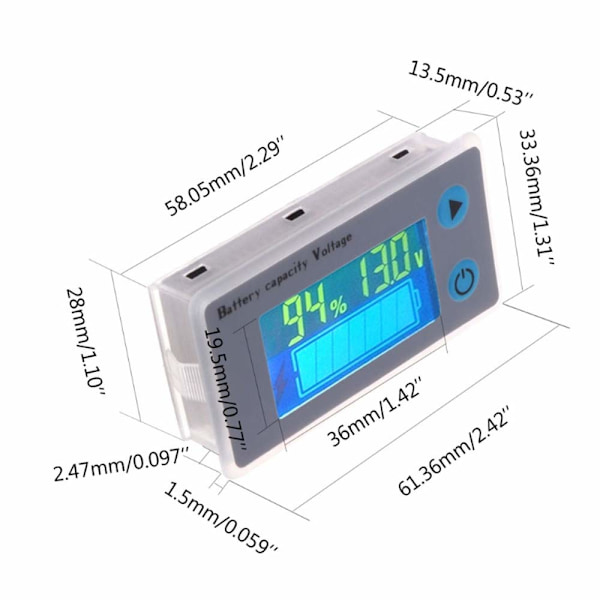 Multifunktion 10-100V LCD Batterikapacitet Voltmeter Med Temperaturvisning