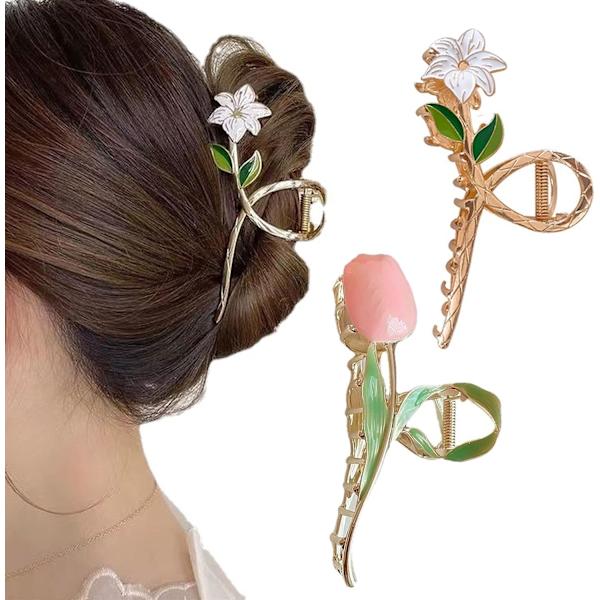 Store Metal Hårklemmer Tulipan Hårklemmer Blomst Hår Klo Klemmer Kvinder Skridsikre til Tykt Hår Krøllet Lige Langt Hår - 2PCS (Tulip + lilje)