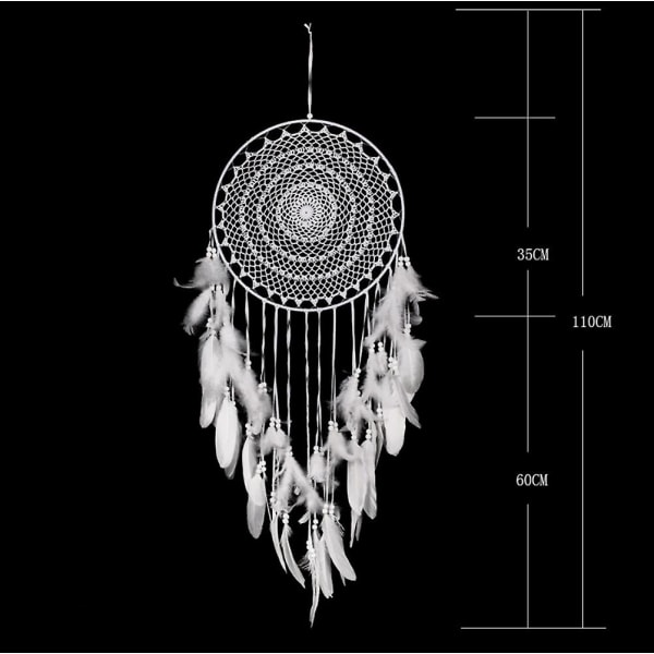 Stor Boho-stil drømmefanger med hvite fjær, macrame veggdekorasjon håndlaget
