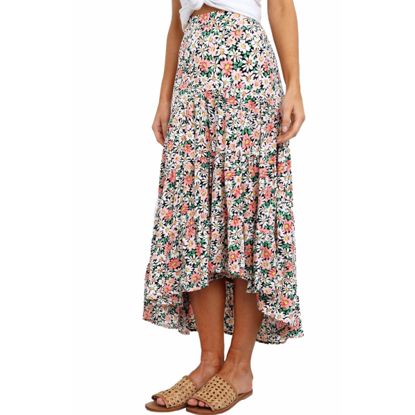 Midikjole med blomstertryk til kvinder, boheme-elastisk højtaljet beskåret maxi-nederdel, trendy print, høj lav kant