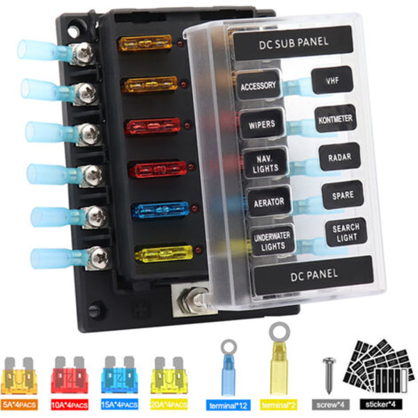 12-way fuse holder with short circuit indicator, 16 pieces of ordinary fuses + 14 ring terminals for heat shrink tube - model: 45