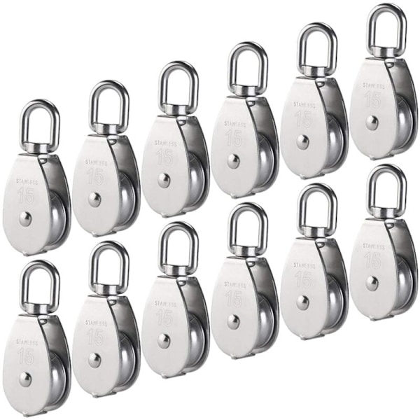 12 stycken M15 Enkel trissa i rostfritt stål 304, 15mm Endast trissor Rullblock, kran kran slät krok rep vajer kabel lastkapacitet 35kg