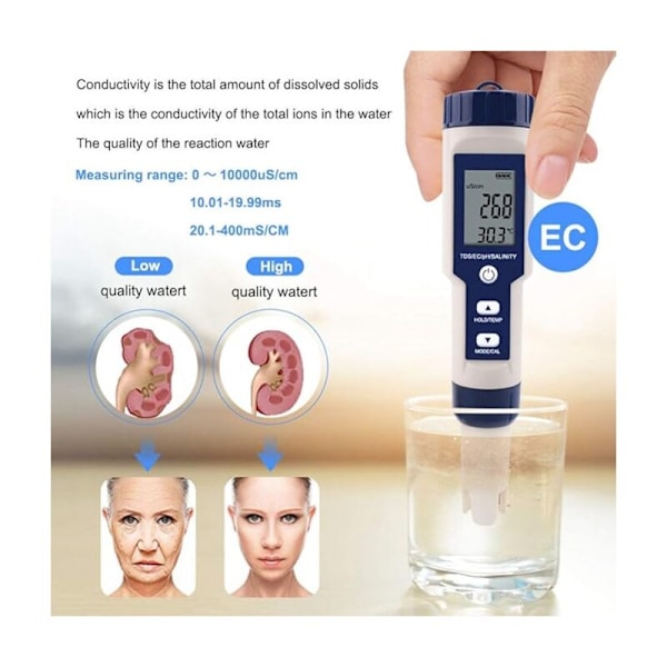 5 i 1 Vandtester Multifunktionel Vandkvalitetstester, TDS/EC/Salinitet/PH/Temperatur Digital Måler til Drikkevand, Pool, Akvarium, Fisketank,