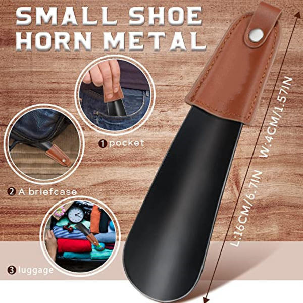 (Svart) Skohorn i rustfritt stål - Liten 16 cm skohorn i metall med lett etui i skinn, perfekt for reiser