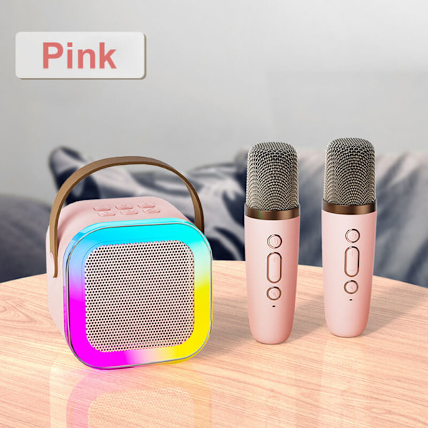 Karaokemaskin med 2 trådlösa mikrofoner, BT-högtalare med bas/diskantjustering och LED-ljus, stöder TF, USB och at