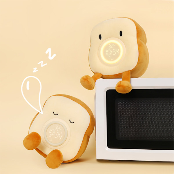 Plush Toast väckarklocka USB-laddning mobiltelefonhållare Dimning sängbordssovlampa LED-tidslampa