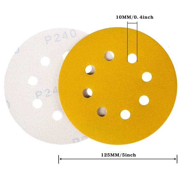 125 mm:n hiekkapaperilevyt, 100 hiekkapaperilevyä hiomakoneen tyynyt pyöreät 8 reiän hiomatyynyt 180 karkeutta hiontaan kiillotukseen ruosteenpoistoon