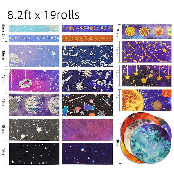 19 rullaa Hehe-paperiteippisettiä Kultafolio Galaksiaihe Amerikkalainen kuviopaperiteippi Tarra Sekoitettu koko Teippi Diy-käsityöartikkelit Scrapbook-lahjapakkaus