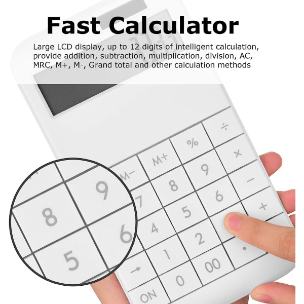 Pöytälaskin, vakiotoiminto, 12-numeroinen LCD-näyttö, suuri näyttö ja isot näppäimet, paristo-/aurinkokäyttöinen - valkoinen