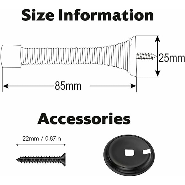 6 kappaleen setti 85 mm metallisia ovenpysäyttimiä jousella, ruuveilla ja pohjalevyllä (musta)