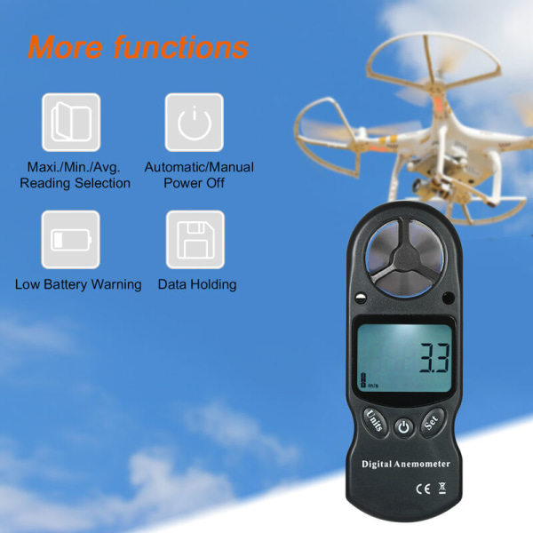 Mini bærbart multifunktions digitalt vindmåler temperatur og hygrometer (sort)