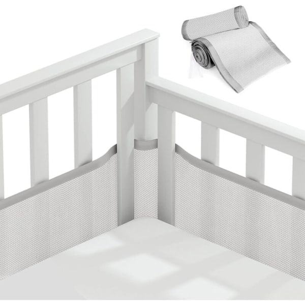 Babyskydd för babysäng, spjälsängsskydd, 3D-meshfoder, säkert för luftcirkulationen i spjälsängen, passar alla typer av spjälsängar (grå)