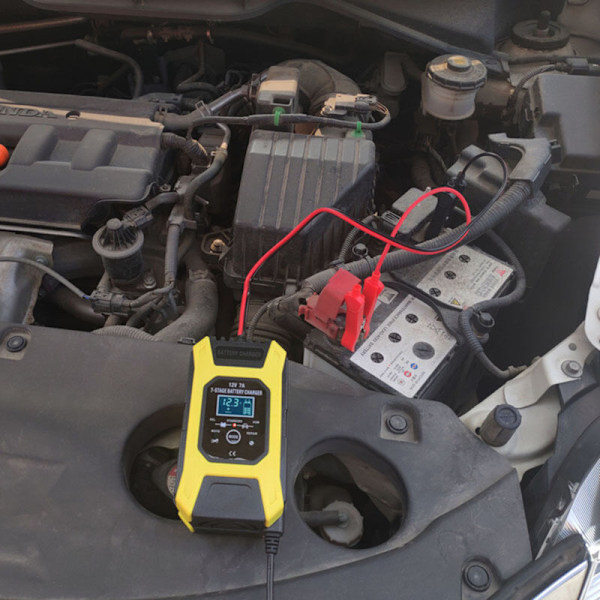 Bilbatterioplader, 12 V 7 A bly-syre batterioplader, LCD-skærm, intelligent batteriholder, 7-trins vedligeholdelsesopladere til bil, motorcykel, plæneklipper