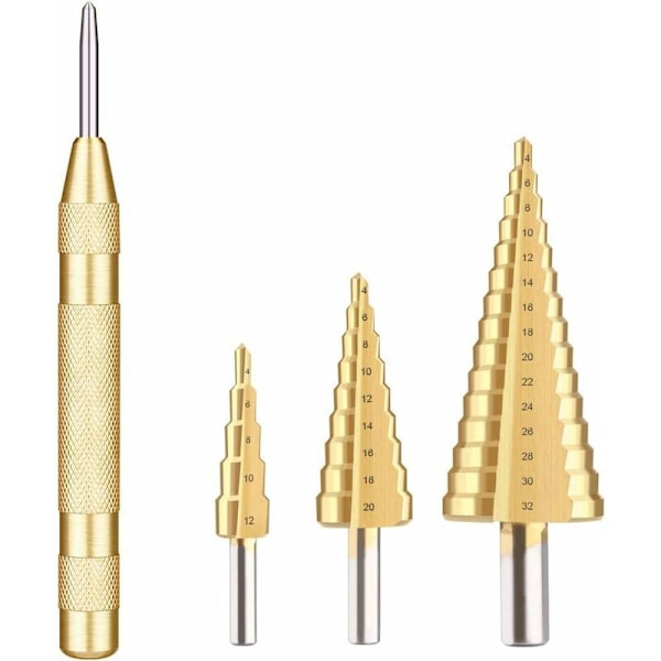 HSS Metall Stegborr, 4 ST 4-12/20/32mm Triangel Konisk Sexkantig Rostfritt Stål Metall Stegborr med Titanbeläggning för Stål/Trä/Mässing