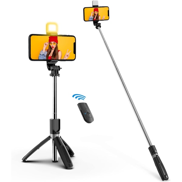 Bærbar selfie stick, håndholdt mobiltelefon stativ med aftagelig trådløs fjernbetjening, selfie stick stativ med fyldelys