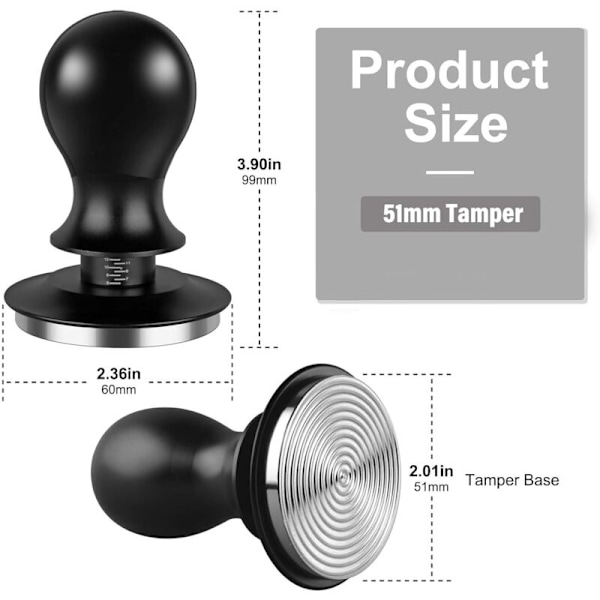 Tamper 51mm, Kaffepuckpress med vågig rostfri bas, tryckreglering, Tamper à Espresso för Barista-set