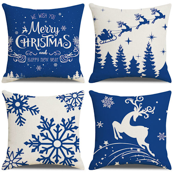 Jul örngott 18 x 18 set om 4 Xmas dekorativa örngott blå God Jul snöflinga kudde heminredning supersoft bomull linne kasta P