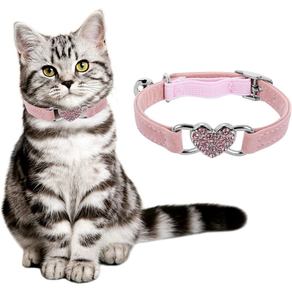 (Pink) Kattehalskæde i hjerteform med klokke, justerbare killingehalskæder med sikkerhedssele halskæde til kæledyr i rhinsten til lille kat hund