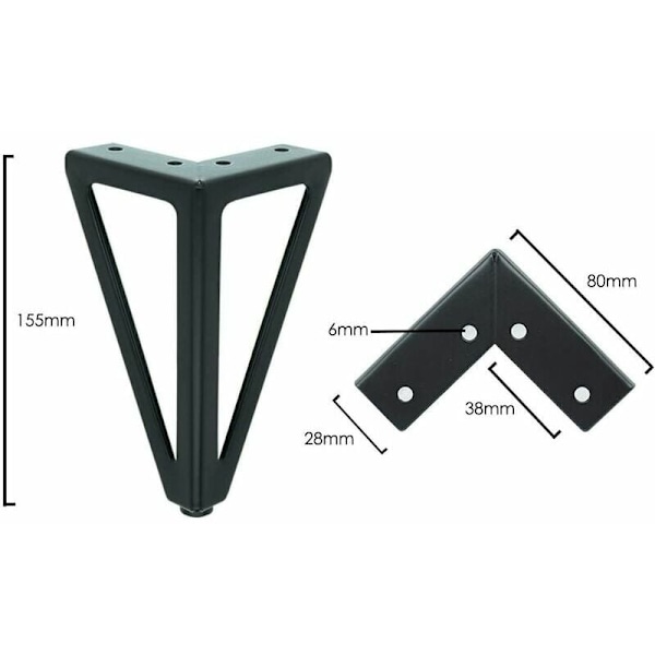 Set med 4 svarta bordsben i metall - Utbytbara möbelben - För soffbord/TV/soffa/säng och andra möbelben - med skruvar (15 cm)
