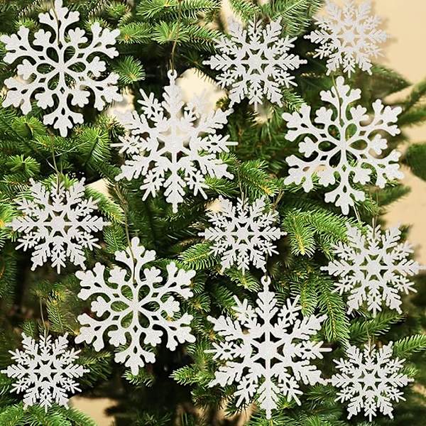 36 stk hvite snøfnugg ornamenter i plast med glitter for vinter og juletrepynt i varierende størrelser (w