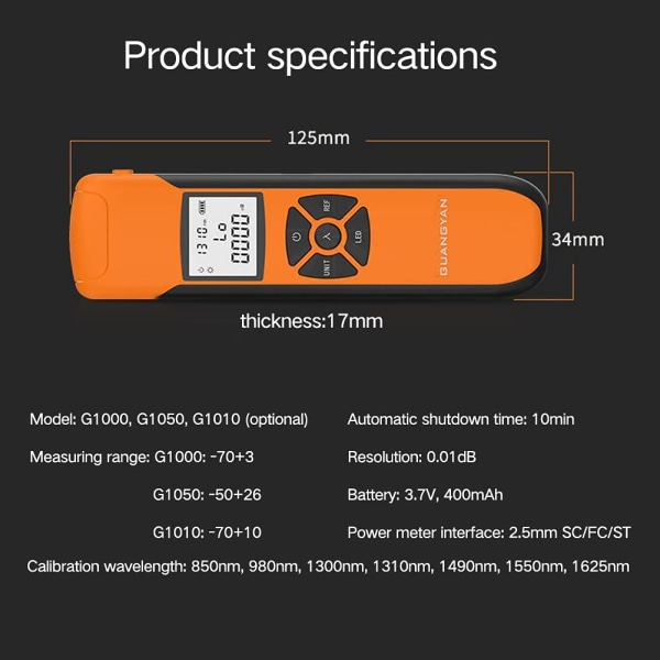 Mini optisk fibermätare, lätt bärbar optisk effektmätning Hög noggrannhet Laddningsbar optisk effektmätning 7 våglängder