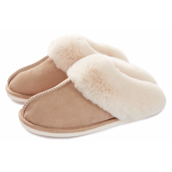 Kvinders hjemmesko med memory foam, bløde og varme hjemmesko med slip-on, skridsikre, komfortable plys til indendørs og udendørs brug (khaki farve)