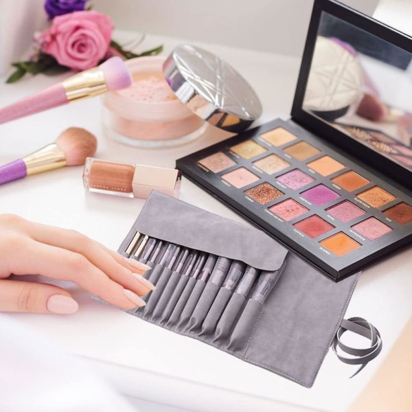 Makeup-borstar rullande fodral väska bärbar resemakeupväska kosmetisk borste förvaringsväska för kosmetiska verktyg bärbar hopfällbar 14 fickor, grå