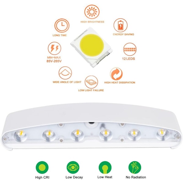 12W LED Vägglampa Inomhus Vit Modern Vägglampa, IP65 Vattentät Aluminium Utomhus Vägglampa (Varmvit)