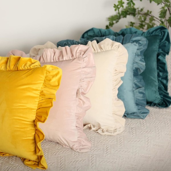 Shabby Chic Velvet Kuddfodral Set om 2 Skifferblå Dekorativ Soffa Vinter Solid Färg Ruffled Örngott 50x50cm Dekoration Velour