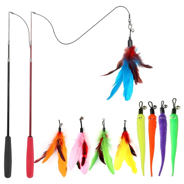 Feather cat toys 13-piece set (fishing rod*2+feather head*5+caterpillar*4+replacement rope*2) retractable cat toy wand and interactive amusing kitte