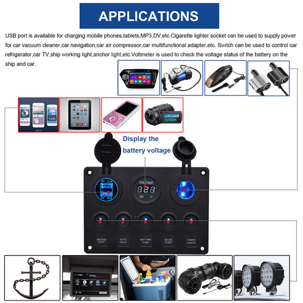 5-vägs multifunktions 5-vägs vippströmbrytare Dubbel USB-laddare + Digital voltmeter + 12V-uttag Förkopplad strömbrytarpanel med kretsbrytare för RV Voi