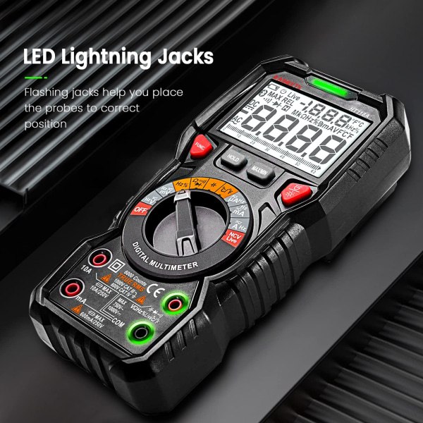 6000 Count TRMS Digitalt Automatisk Multimeter (LED Terminal Guide), Profesjonell Elektrisk Tester, Temperatur Kapasitans Meter Spenning/Strøm AC