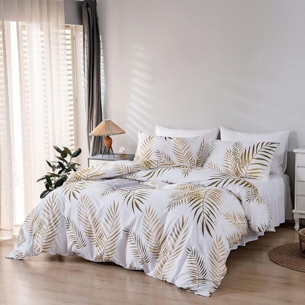 Sett dynetrekk 220x240 cm 2 personer og 2 x putetrekk 50x75 cm 100% mikrofiber Linsett med botanisk tropisk bladmønster med glidelås, gull