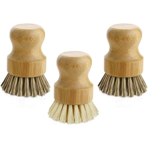 Handflatsborste, Mini Rund Bambu Diskborste, Rengöringsborste för Gjutjärnspannor, Grönsaker, Kök, Hushållsrengöring, Set om 3