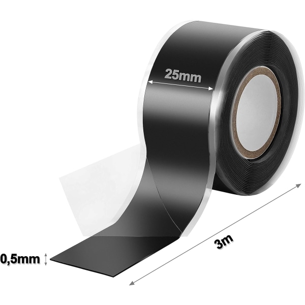 2x 3m itsensä sulauttava (itsensä yhdistävä) silikoniteippi, eristysteippi ja tiivistysteippi (vesi, ilma), 25 mm leveä, musta