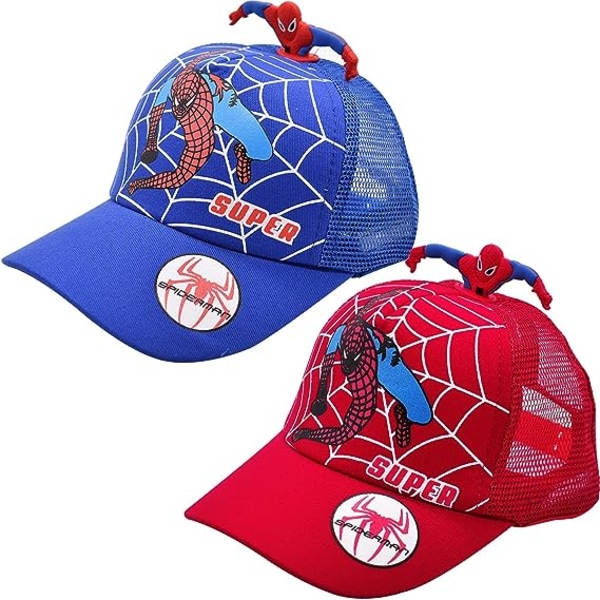 2 barnekasketter med Spider-Man (rød og blå), tynn sommerbaseballcaps med Spider-Man, baseballcaps sommer solhatt med borrelås