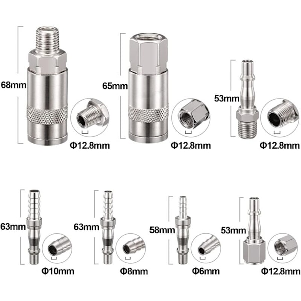 12 kpl 6,35 mm ilmaletkuliitin uros-naaras kierteellä, ilmalinjaliittimet letkuliittimellä 6 mm 8 mm 10 mm letkulle