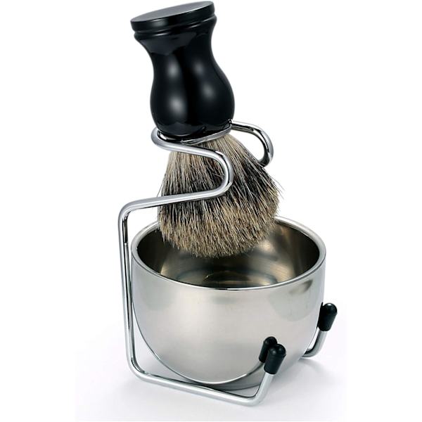 Barberingskostsett med skjegggrevlinger med treskaft + barberbolle i rustfritt stål + stativ for barberhøvel